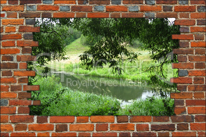 hole in the brick wall and view to summer river
