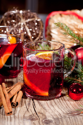 hot tasty spicy mulled red wine with orange and cinnamon christmas