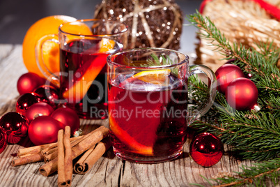 hot tasty spicy mulled red wine with orange and cinnamon christmas