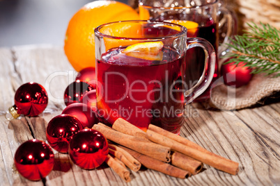 hot tasty spicy mulled red wine with orange and cinnamon christmas