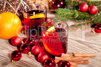 hot tasty spicy mulled red wine with orange and cinnamon christmas