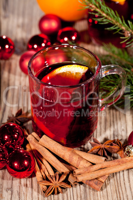 hot tasty spicy mulled red wine with orange and cinnamon christmas