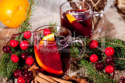 hot tasty spicy mulled red wine with orange and cinnamon christmas