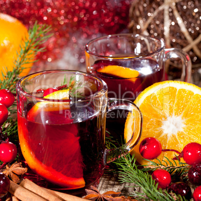 hot tasty spicy mulled red wine with orange and cinnamon christmas