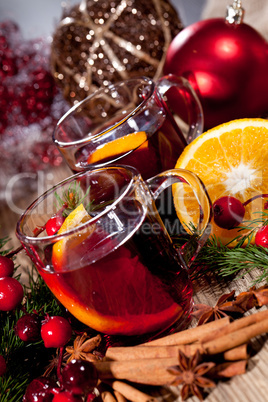 hot tasty spicy mulled red wine with orange and cinnamon christmas