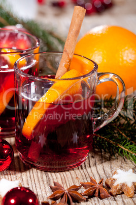 hot tasty spicy mulled red wine with orange and cinnamon christmas