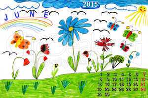 Children's drawing with calendar of June