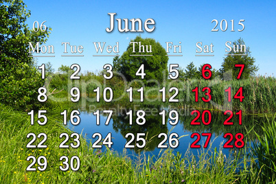 calendar for June of 2015 year with image of forest lake