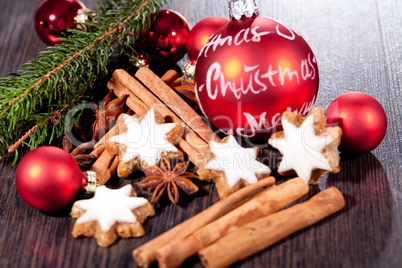 fresh tasty christmas cinnamon cookies and sticks decoration