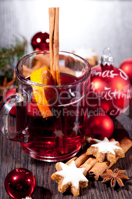 hot tasty spicy mulled red wine with orange and cinnamon christmas