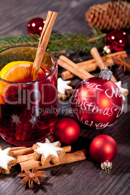 hot tasty spicy mulled red wine with orange and cinnamon christmas