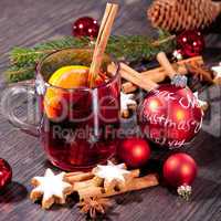 hot tasty spicy mulled red wine with orange and cinnamon christmas