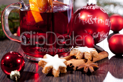 hot tasty spicy mulled red wine with orange and cinnamon christmas