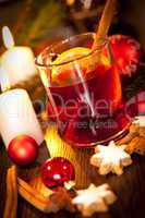 hot tasty spicy mulled red wine with orange and cinnamon christmas