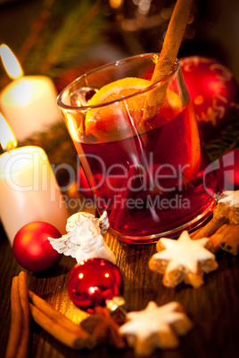 hot tasty spicy mulled red wine with orange and cinnamon christmas