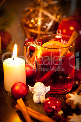 hot tasty spicy mulled red wine with orange and cinnamon christmas