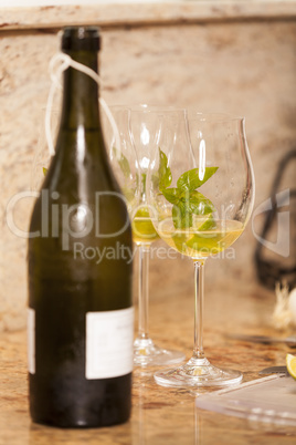 White Wine Bottle with Two Wine Glasses