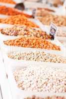 variation of nuts on market outdoor in summer