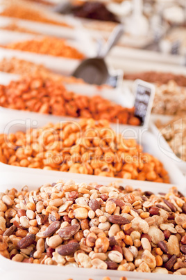variation of nuts on market outdoor in summer