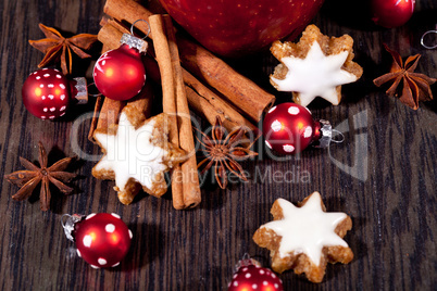 fresh tasty christmas cinnamon cookies and sticks decoration