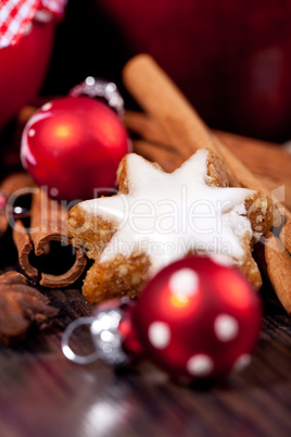 fresh tasty christmas cinnamon cookies and sticks decoration