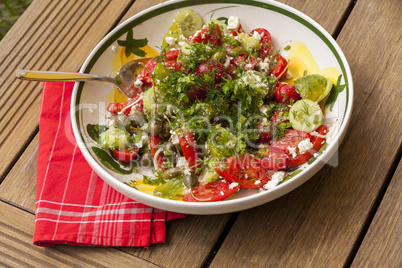 Bowl of Marinated Greek Salad with Red Napkin