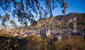 View of medieval Brasov city with Tampa Mountain on background o
