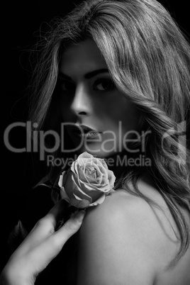 beautiful woman and flower in monochrome
