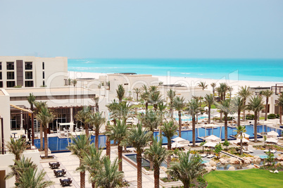 Swimming pools and beach at the luxury hotel, Saadiyat island, A
