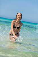 Female model wearing black bikini in the water