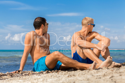 Two handsome young men chatting on a beach