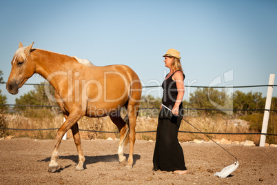 young woman training horse outside in summer