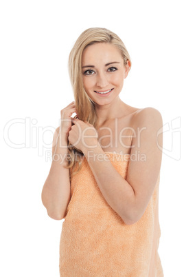 attractive young smiling woman with towel isolated