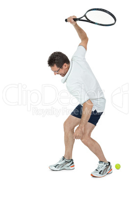 smiling adult tennis player with racket isolated