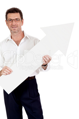 adult smiling businessman red signboard pointing isolated
