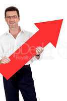 adult smiling businessman red signboard pointing isolated