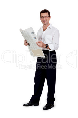 attractive adult businessman reading newspaper isolated