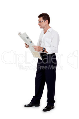 attractive adult businessman reading newspaper isolated