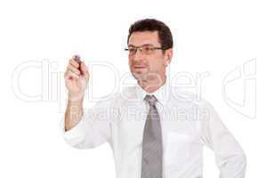 smiling adult businessman write with red pen isolated copyspace