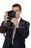 adult man photographer with digital camera dslr isolated