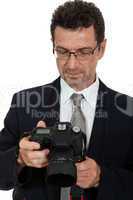 adult man photographer with digital camera dslr isolated