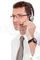 smiling mature male operator businessman with headset call senter