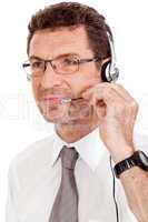 smiling mature male operator businessman with headset call senter