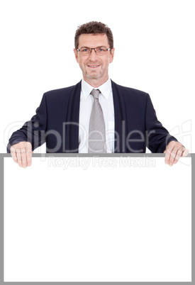 mature smiling businessman holding billboard copyspace isolated