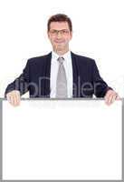 mature smiling businessman holding billboard copyspace isolated