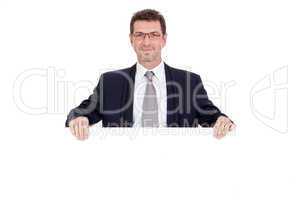 mature smiling businessman holding billboard copyspace isolated