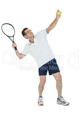 smiling adult tennis player with racket isolated