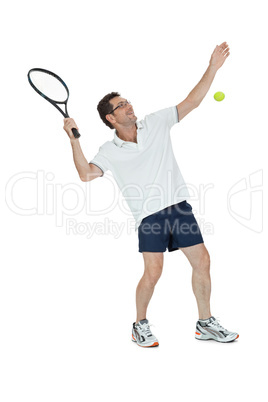 smiling adult tennis player with racket isolated