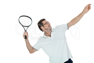 smiling adult tennis player with racket isolated