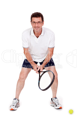 smiling adult tennis player with racket isolated